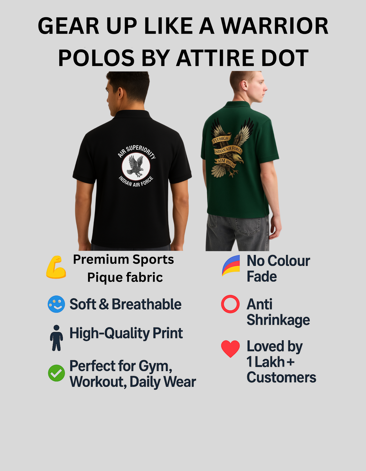 Combo of 2 Indian Air Force Polo T-Shirts – Bottle Green Eagle & Black IAF