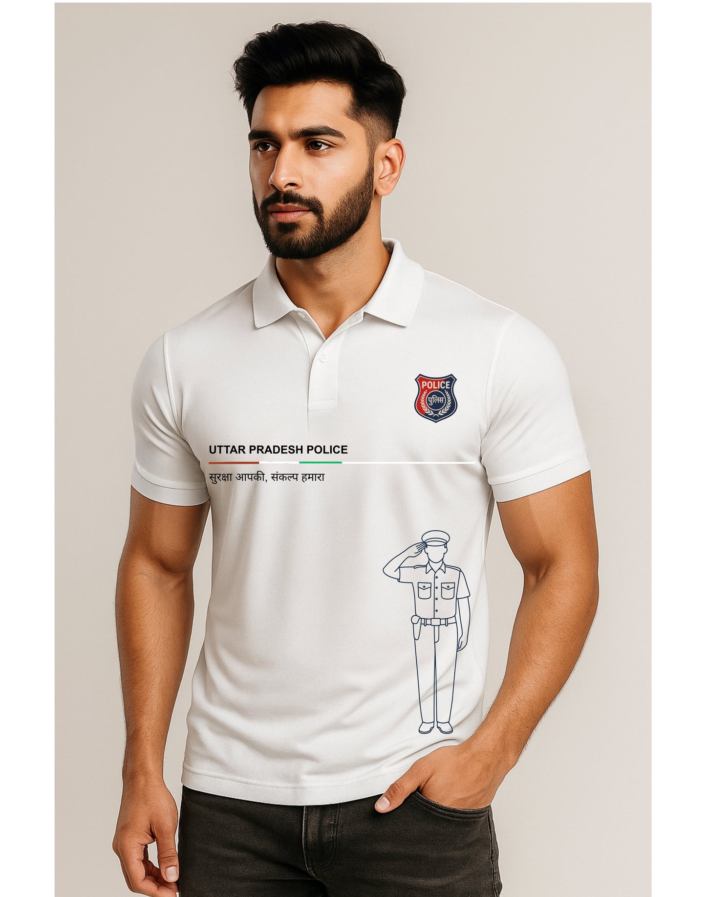 White Polo T-Shirt – Uttar Pradesh Police Logo | 240 GSM Heavy Cotton