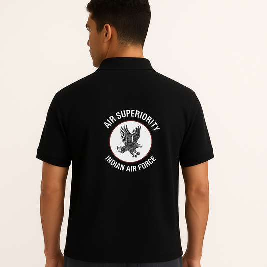 Indian Air Force (IAF) Black Polo T-Shirt – Premium Military-Inspired Apparel with Eagle Emblem