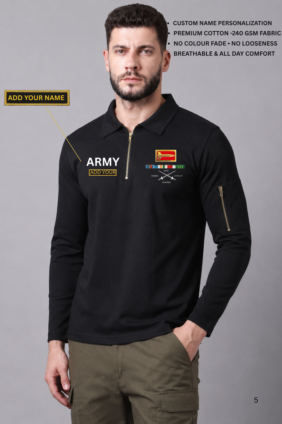 ARMY Custom Name Black Full Sleeve T-shirt