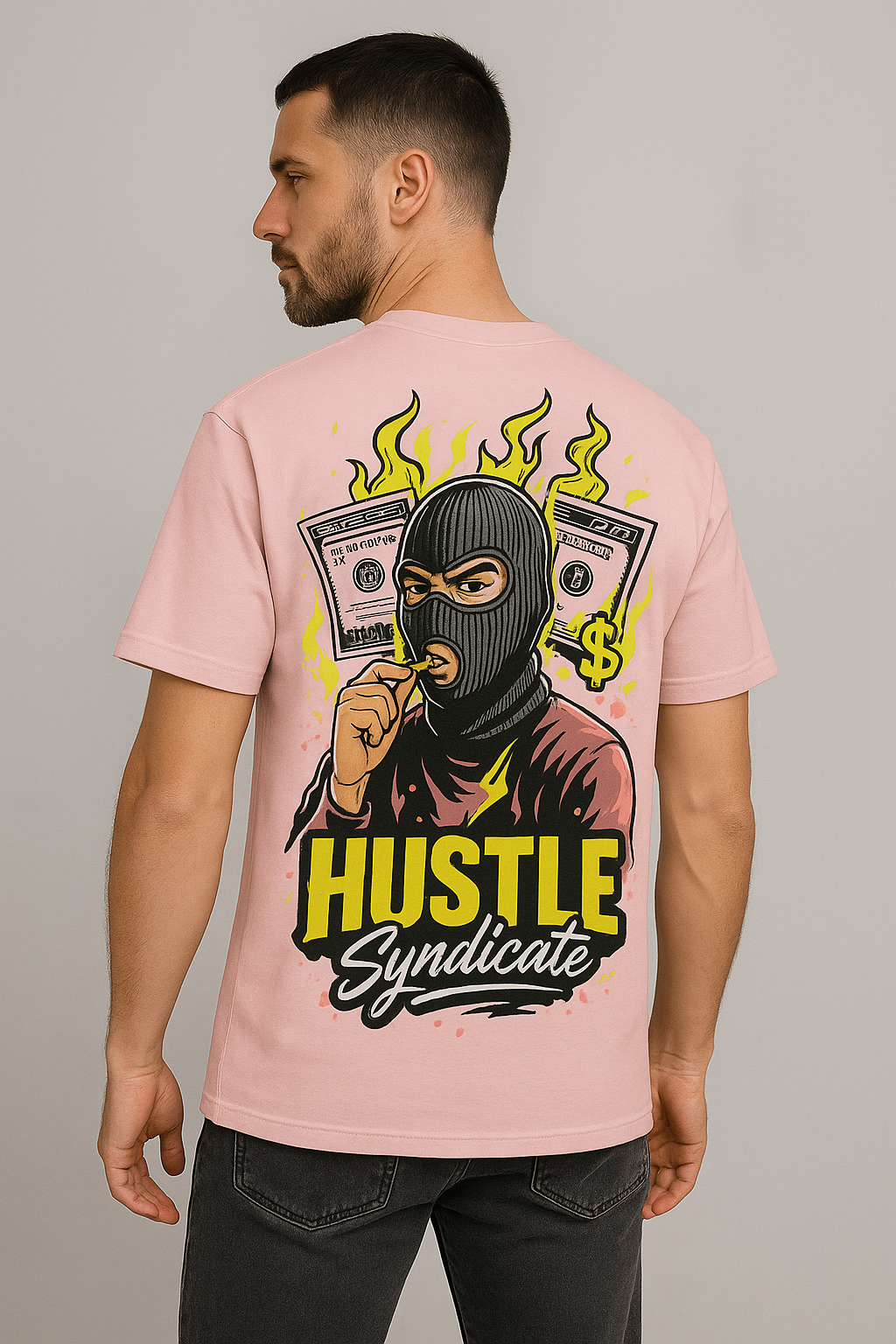 Attire Dot “Hustle Syndicate” Oversized T-Shirt – Bold Streetwear Graphic | Light Pink | 240 GSM Cotton