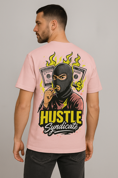 Attire Dot “Hustle Syndicate” Oversized T-Shirt – Bold Streetwear Graphic | Light Pink | 240 GSM Cotton
