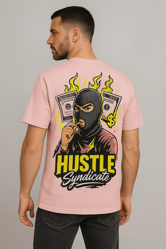 Attire Dot “Hustle Syndicate” Oversized T-Shirt – Bold Streetwear Graphic | Light Pink | 240 GSM Cotton