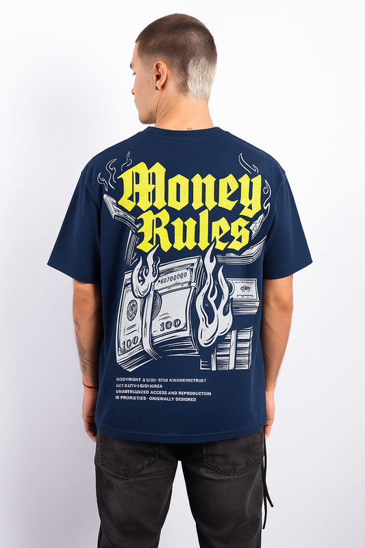 Attire Dot “Money Rules” Oversized T-Shirt – Bold Graphic Streetwear | Navy Blue | 240 GSM Cotton