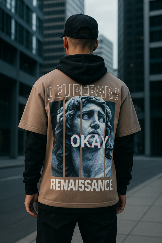 Attire Dot “Renaissance OKAY” Oversized T-Shirt – Modern Art Streetwear | Brown Beige | 240 GSM Cotton