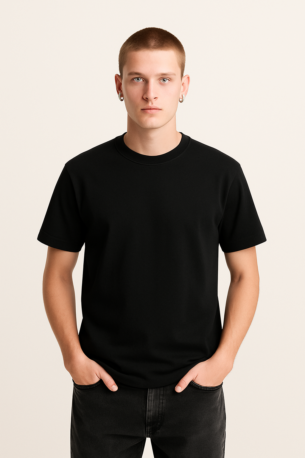 ATTIRE DOT Solid Black Round Neck T-Shirt