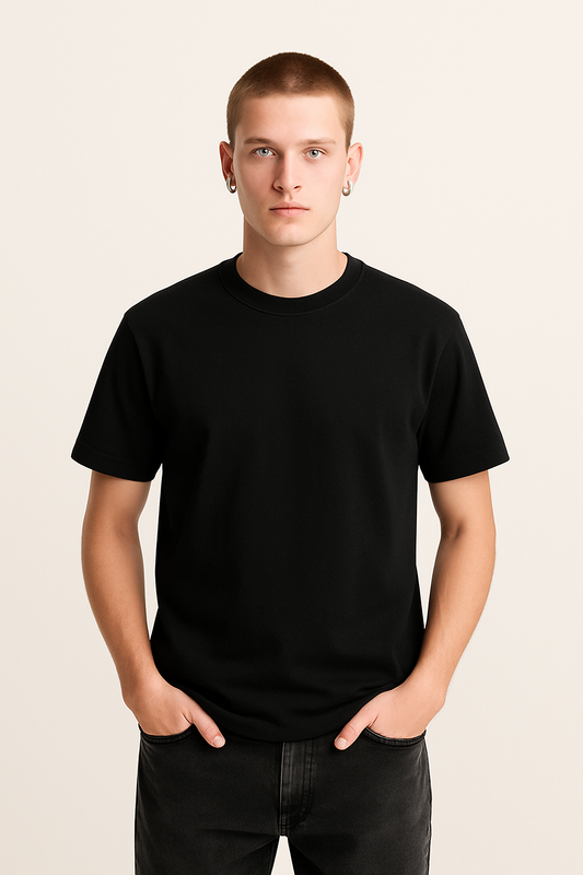 ATTIRE DOT Solid Black Round Neck T-Shirt