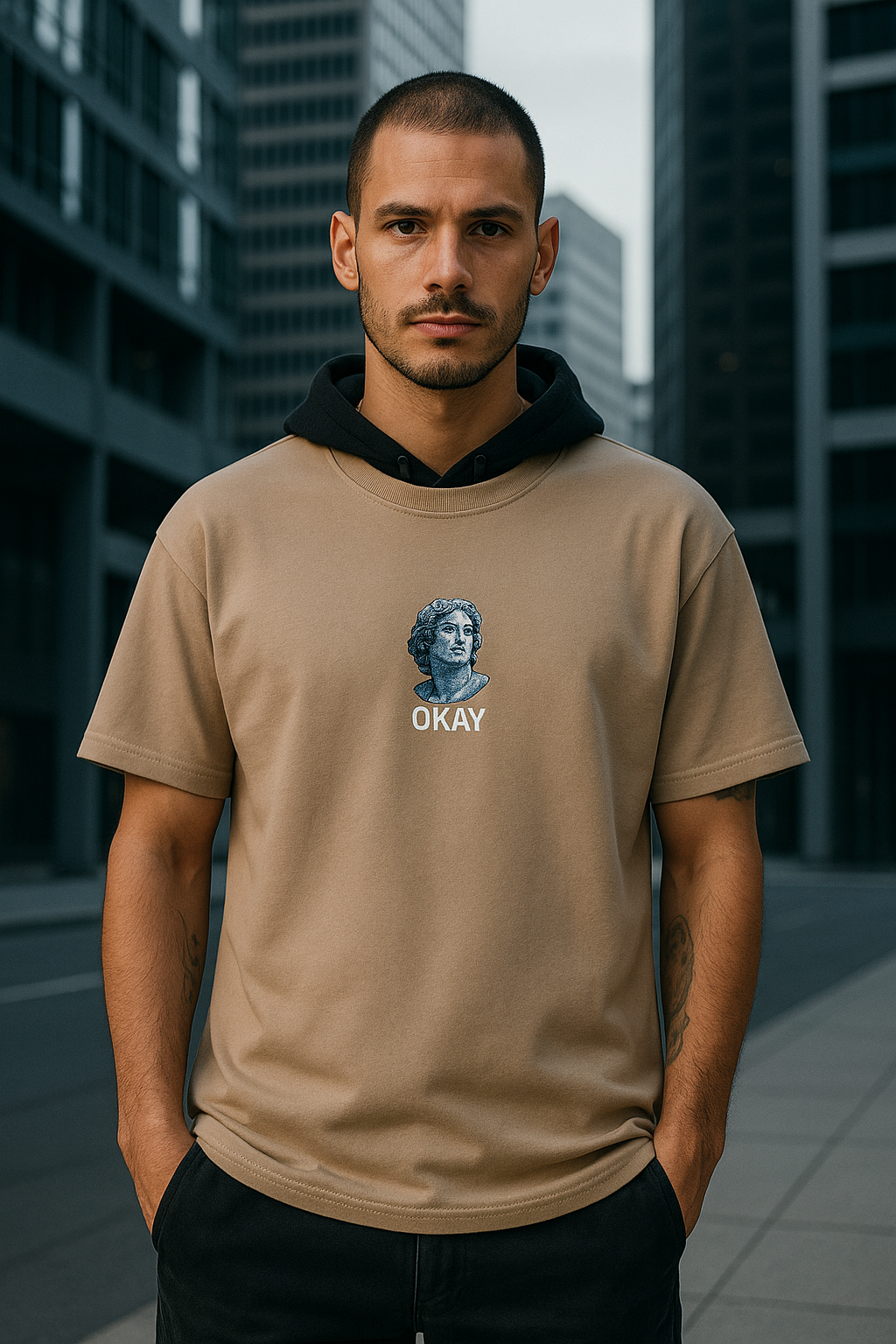 Attire Dot “Renaissance OKAY” Oversized T-Shirt – Modern Art Streetwear | Brown Beige | 240 GSM Cotton