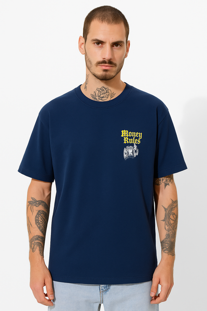 Attire Dot “Money Rules” Oversized T-Shirt – Bold Graphic Streetwear | Navy Blue | 240 GSM Cotton