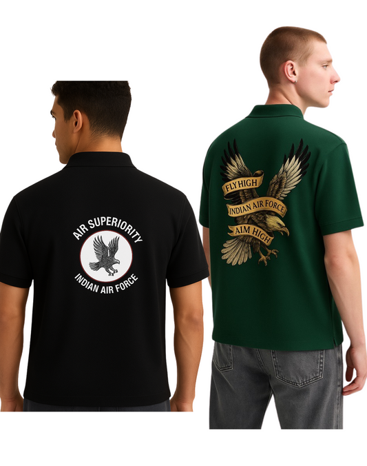 Combo of 2 Indian Air Force Polo T-Shirts – Bottle Green Eagle & Black IAF
