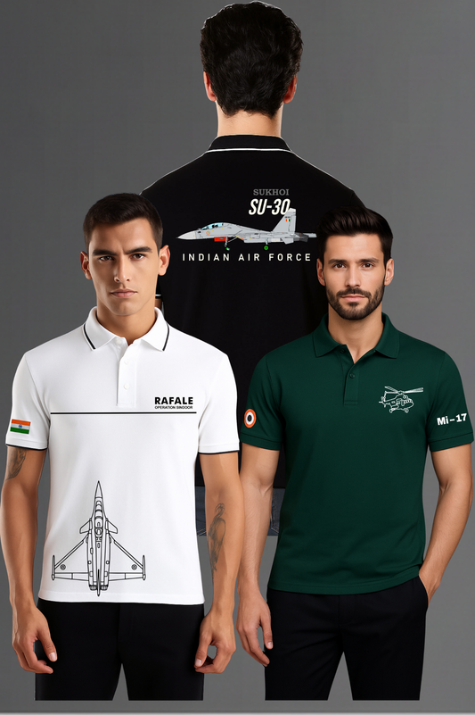 Indian Airforce Combo of 3 Elite Polos - 240 GSM  Cotton T-shirts