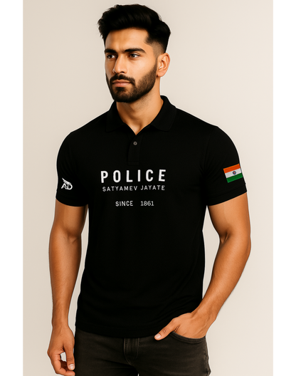 White Indian Police Polo T-Shirt – 240 GSM Cotton | Satyamev Jayate | Since 1861 | ATTIRE DOT