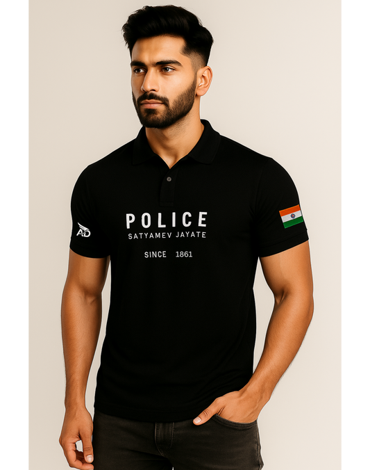 White Indian Police Polo T-Shirt – 240 GSM Cotton | Satyamev Jayate | Since 1861 | ATTIRE DOT