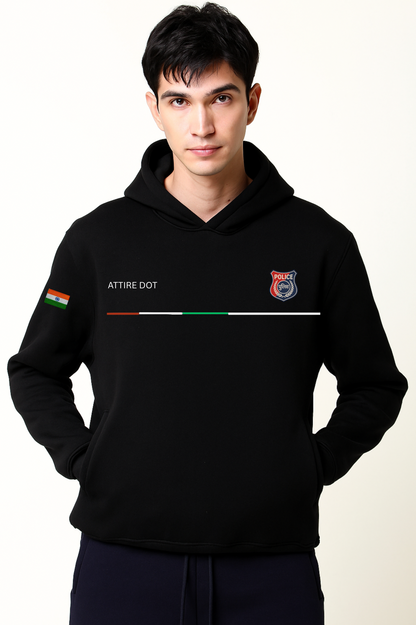 Premium Police Hoodie – Heavy GSM Cotton | Tricolor & Crest Detailing Police Black Hoodie | Pure Cotton | Patriotic Tricolor Design