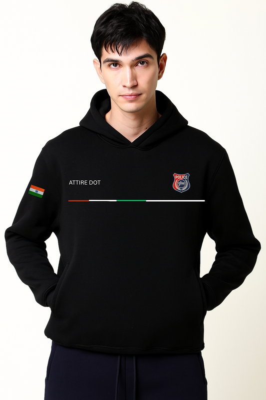 Premium Police Hoodie – Heavy GSM Cotton | Tricolor & Crest Detailing Police Black Hoodie | Pure Cotton | Patriotic Tricolor Design