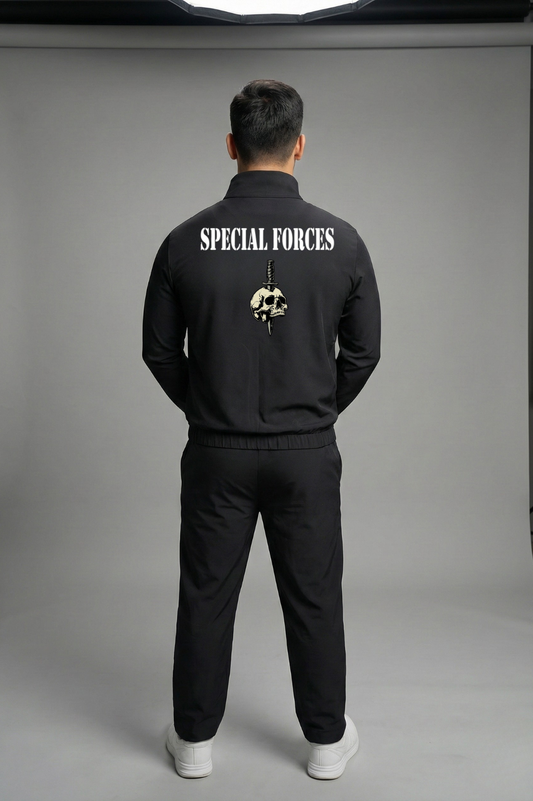 Special Forces Premium Black Tracksuit – Balidan Badge Front & Skull Mind Back Print | ATTIRE DOT