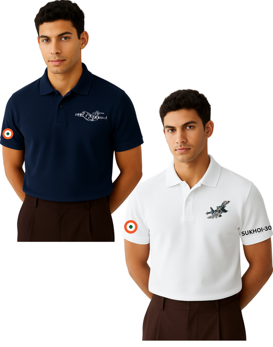 Combo of 2 Indian Air Force Polo T-Shirts – C-17 Globemaster (Navy Blue) & SU-30 MKI (White)