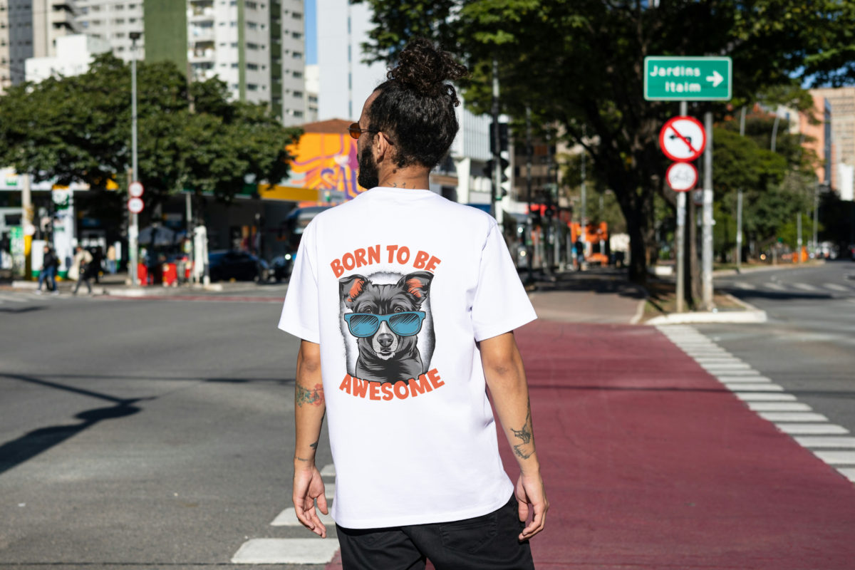 Born to Be Awesome' oversized t-shirt by Attire Dot, back view showing the cool dog with sunglasses design.