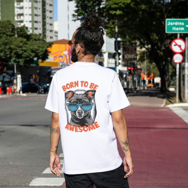 Born to Be Awesome' oversized t-shirt by Attire Dot, back view showing the cool dog with sunglasses design.