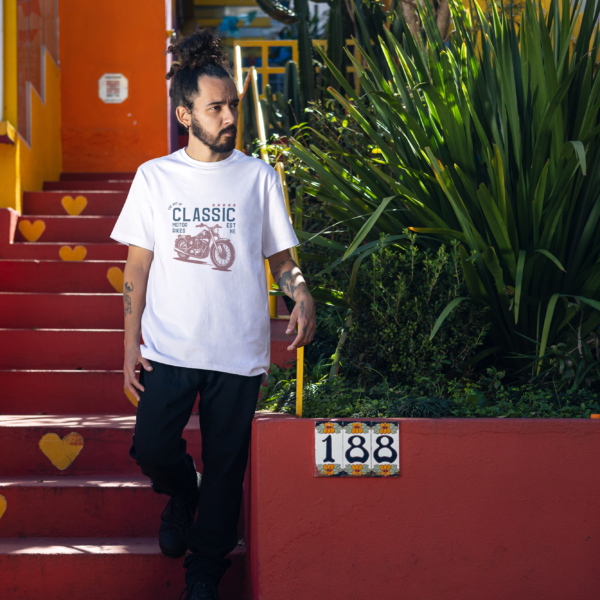 Oversized cotton t-shirt with a detailed print of a Bullet Classic motorcycle.