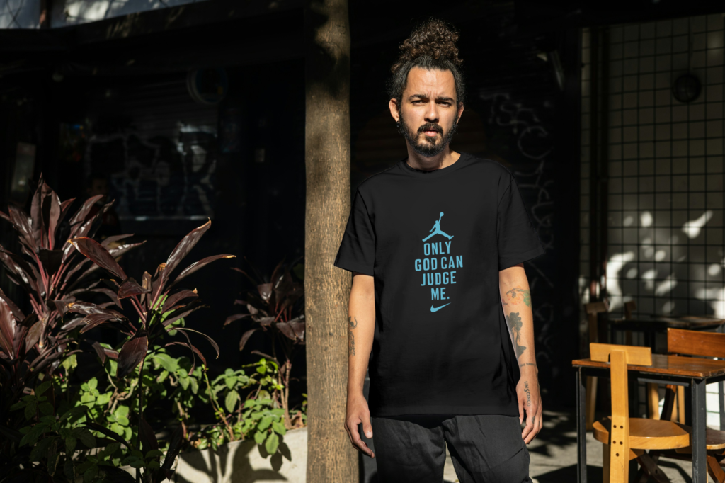 Only God Can Judge Me' printed t-shirt by Attire Dot, featuring a powerful statement on a high-quality 220gsm cotton oversized tee.