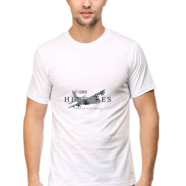 Attire Dot round neck t-shirt featuring a bold print of the Indian Air Force C-130J Hercules aircraft on the front, perfect for aviation enthusiasts and showcasing national pride.