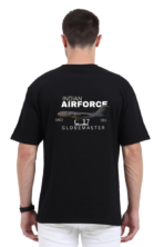 Attire Dot oversized black cotton t-shirt featuring a bold print of the Indian Air Force C-17 Globemaster helicopter on the back, ideal for aviation enthusiasts and showcasing national pride.