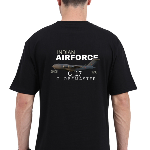 Attire Dot oversized black cotton t-shirt featuring a bold print of the Indian Air Force C-17 Globemaster helicopter on the back, ideal for aviation enthusiasts and showcasing national pride.