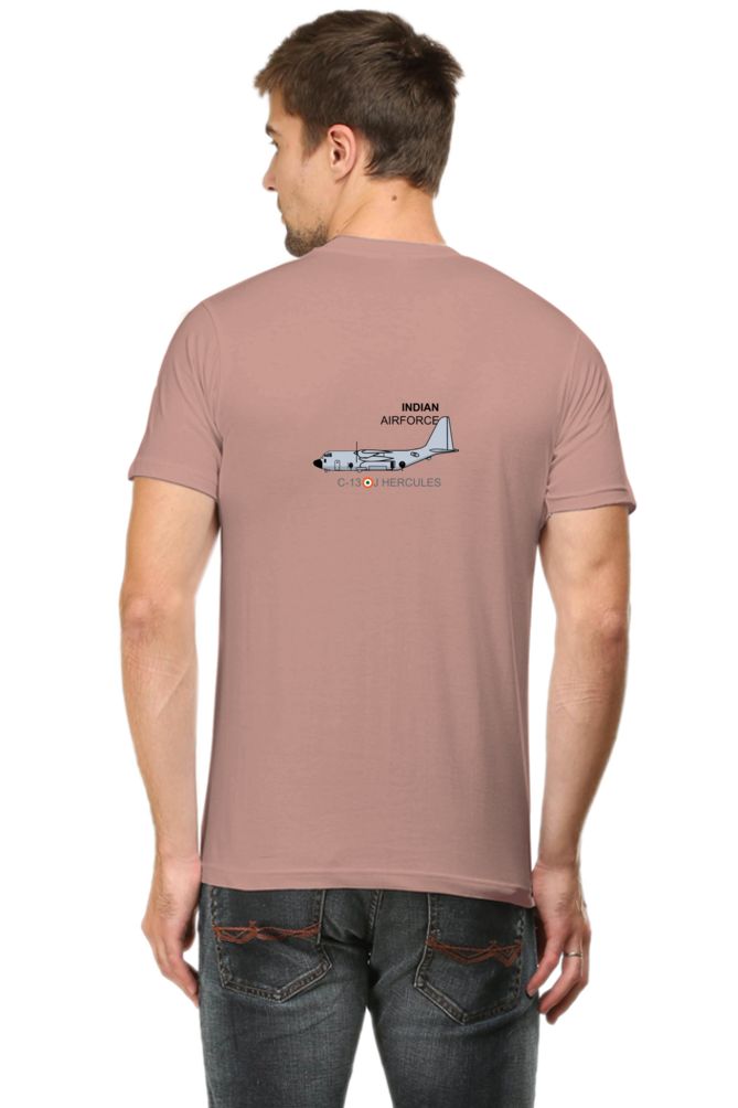 Attire Dot round neck t-shirt with Indian Air Force C-130J Hercules aircraft print, perfect for aviation enthusiasts and supporters of the Indian military