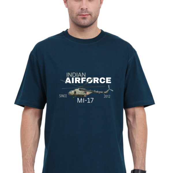 Attire Dot oversized cotton t-shirt featuring a detailed print of the Indian Air Force Mi-17 helicopter on the front, ideal for aviation enthusiasts and showcasing national pride.