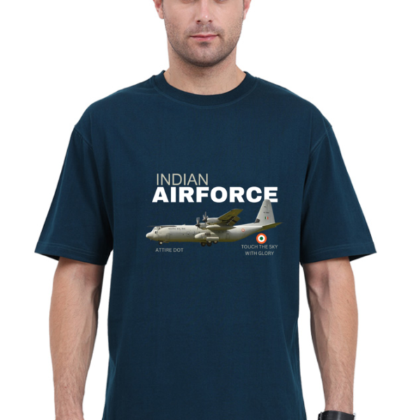 Attire Dot oversized cotton t-shirt featuring a detailed print of the Indian Air Force C-130J Hercules aircraft on the front, ideal for aviation enthusiasts and showcasing national pride.